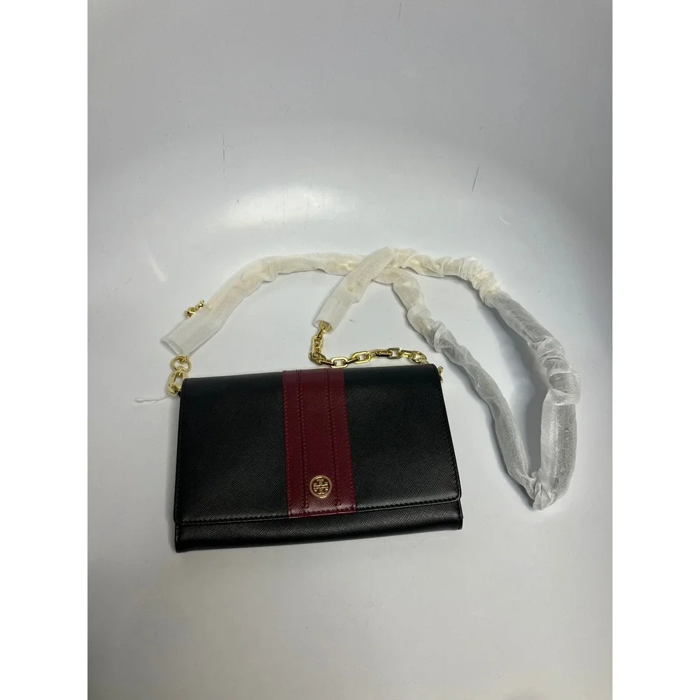Tory Burch Robinson chain wallet black & maroon saffiano leather brand new!